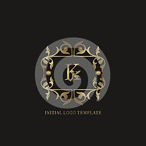 Gold K Initial logo. Frame emblem ampersand deco ornament monogram luxury logo template for wedding or more luxuries identity