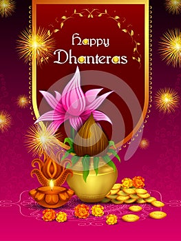 Gold Kalash with decorated diya for Happy Dhanteras Diwali festival holiday celebration of India greeting background