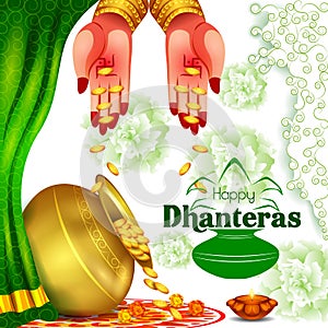 Gold Kalash with decorated diya for Happy Dhanteras Diwali festival holiday celebration of India greeting background