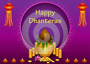 Gold Kalash with decorated diya for Happy Dhanteras Diwali festival holiday celebration of India greeting background