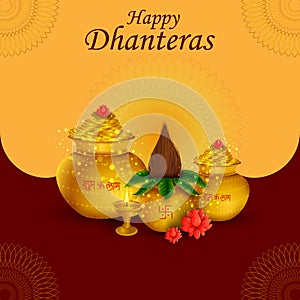 Gold Kalash for Happy Dhanteras Diwali festival holiday celebration of India greeting background