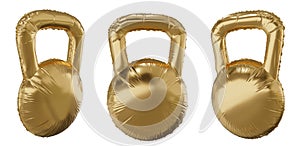 Gold kettlebell balloon. Gold fitness balloon. Sport aniversary, birthday party. Gold balloons on white background.