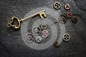 Gold key with gears