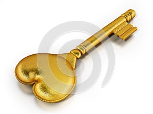 Gold key with heart shape isolated on white background. 3D illustration