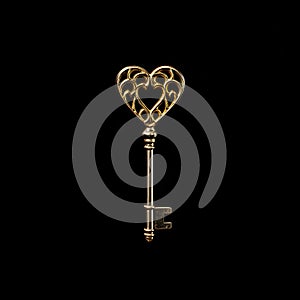 Gold key in the shape of a heart. Black background. Heart as a symbol of affection and