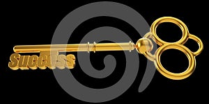 Gold key success concept isolated on black background