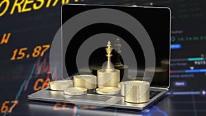 The gold king chess and coins for Business concept 3d rendering