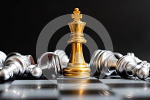 Gold king chess win over lying down silver pawn on black background