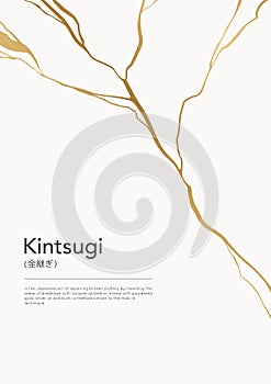 Gold kintsugi crack poster. Japanese art of repairing broken pottery. Asian philosophy for repairing broken things