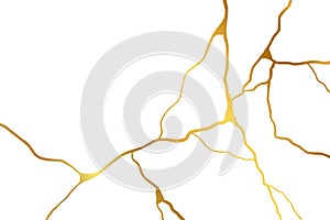 Gold kintsugi design isolated on white backdrop. Golden crackle texture background. Luxury broken marble stone pattern