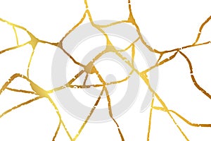 Gold kintsugi design isolated on white backdrop. Golden rough crackle texture background. Luxury broken marble stone