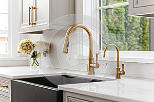 A gold kitchen faucet detail with a black sink.