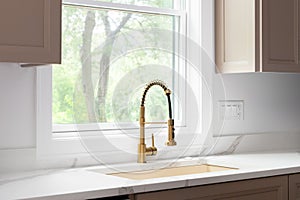 A gold kitchen faucet detail with brown cabinets and marble countertop.