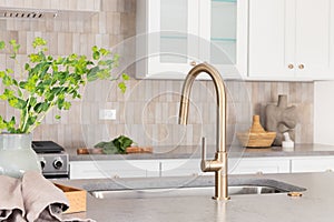 A gold kitchen faucet detail with cozy decorations.