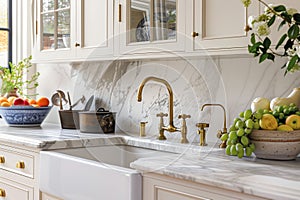 A gold kitchen faucet detail with a farmhouse sink and marble countertops.