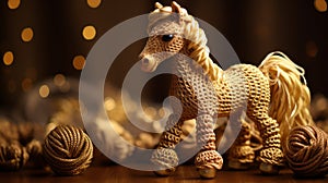 Gold Knitted Horse Toy On Table: A Sparkling Mesopotamian Art Creation