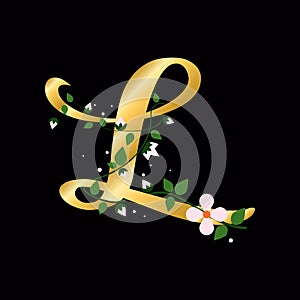 Gold L letter with flowers, alphabet illustration on black