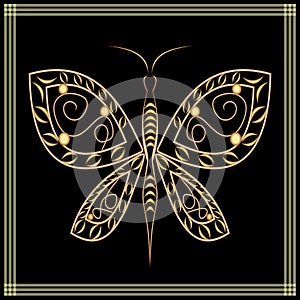 Gold Lace butterfly on black background. Filigree decorative drawing with embossed effect,