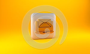 Gold Laptop with envelope and open email on screen icon isolated on yellow background. Email marketing, internet