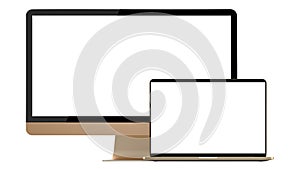 Gold laptop and tv display, isolated on a white background.