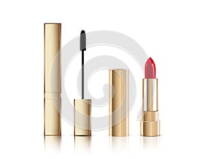 Gold lash mascara tube with brush and lipstick. Fashion make-up Vector illustration mock up