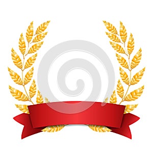 Gold Laurel Vector. Set Shine Wreath Award Design. Red Ribbon. Place For Text