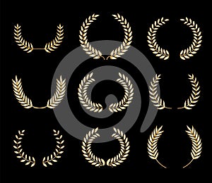Gold laurel wreath. Circle golden olive leaves. Vector award emblems