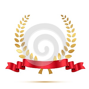 Gold laurel wreath with red ribbon, golden award with olive branch for winner