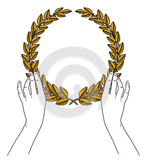Gold laurel wreath. Woman holding gold laurel wreath isolated on white