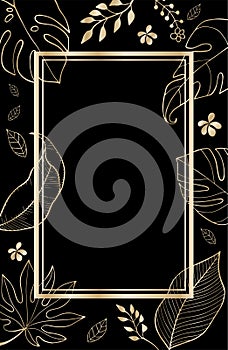 Minimalist leaf botanical hand drawn drawing illustration with golden frame on black background, empty space card floral decorativ