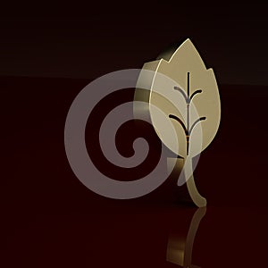 Gold Leaf icon isolated on brown background. Leaves sign. Fresh natural product symbol. Minimalism concept. 3D render