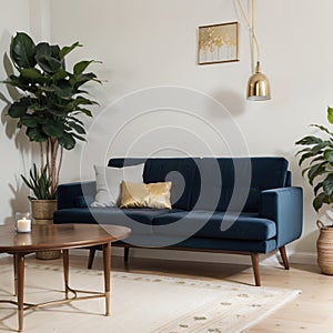 Gold leaf on wooden cupboard in spacious living room interior with table on blue carpet near settee