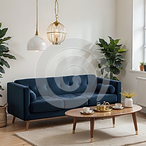 Gold leaf on wooden cupboard in spacious living room interior with table on blue carpet near settee