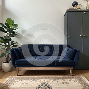 Gold leaf on wooden cupboard in spacious living room interior with table on blue carpet near settee