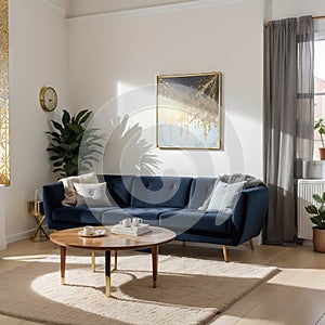 Gold leaf on wooden cupboard in spacious living room interior with table on blue carpet near settee