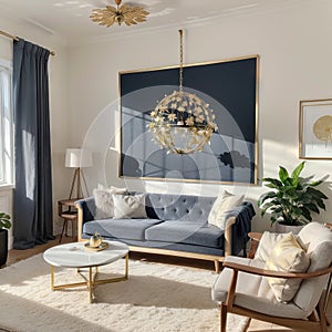 Gold leaf on wooden cupboard in spacious living room interior with table on blue carpet near settee