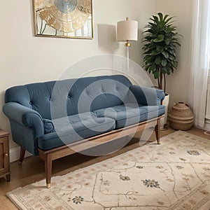 Gold leaf on wooden cupboard in spacious living room interior with table on blue carpet near settee