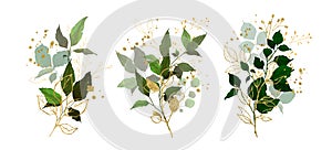 Gold leaves green tropical branch plants wedding bouquet with golden splatters