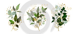 Gold leaves green tropical branch plants wedding bouquet with golden splatters photo