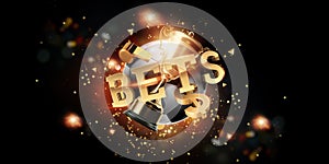 Gold Lettering Bets against soccer ball and dark background. Bets, sports betting, watch sports and bet. 3D design, 3D