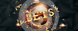 Gold Lettering Bets against soccer ball and dark background. Bets, sports betting, watch sports and bet. Flyer, design, layout. 3D