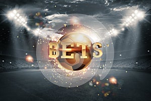 Gold Lettering Bets with golden ball and stadium background. Bets, sports betting, watch sports and bet