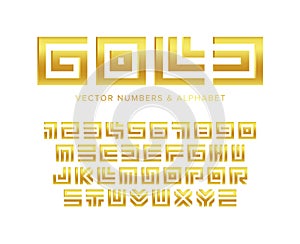 Gold letters and numbers set. Geometric maze golden Jewel style vector latin alphabet. Font for jewelry store