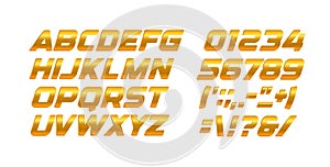 Gold letters and numbers set. Golden gradient style vector latin alphabet. Italic bold typography design.