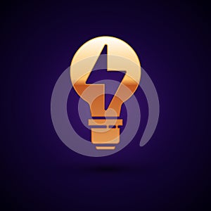 Gold Light bulb with lightning symbol icon isolated on black background. Light lamp sign. Idea symbol. Vector