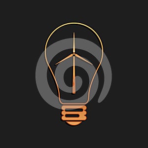 Gold Light bulb with wind turbine as idea of eco friendly source of energy icon isolated on black background