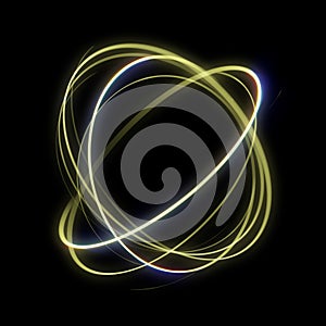 Gold light circle in motion. Glowing golden ring trace effect on transparent background.