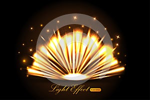 Gold Light effect. Vector shining golden bright light. Gold shine burst with sparkles illustration isolated on black background