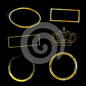Gold light frames and elements. Gold light frames on black background.