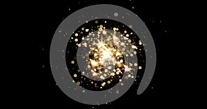 Gold light glitter background with sparkle glow and golden magic explosion. Star dust shine effect on black with golden particles